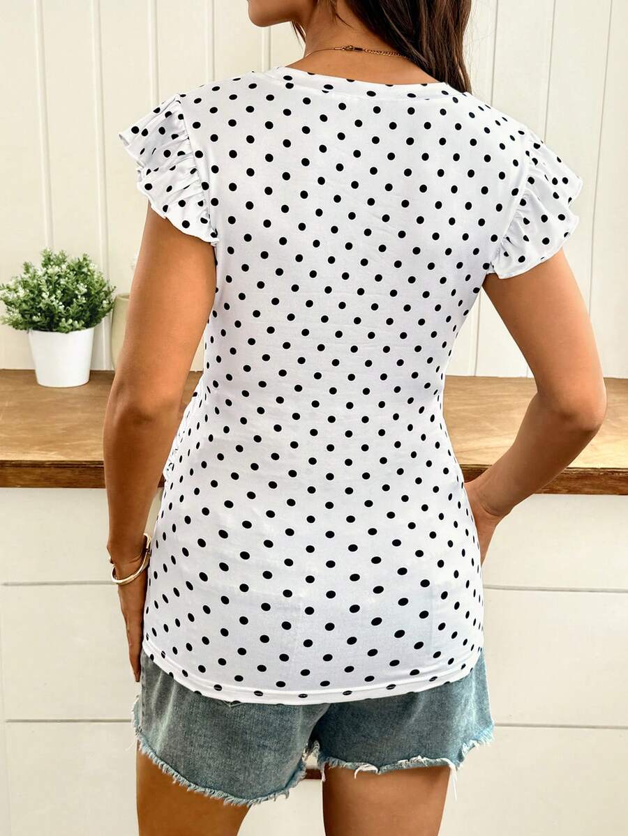 Maternity Polka Dot Print Round Neck Fitted T-Shirt White Casual Cap Sleeve Ruffle Trim Summer Vacation Maternity Top