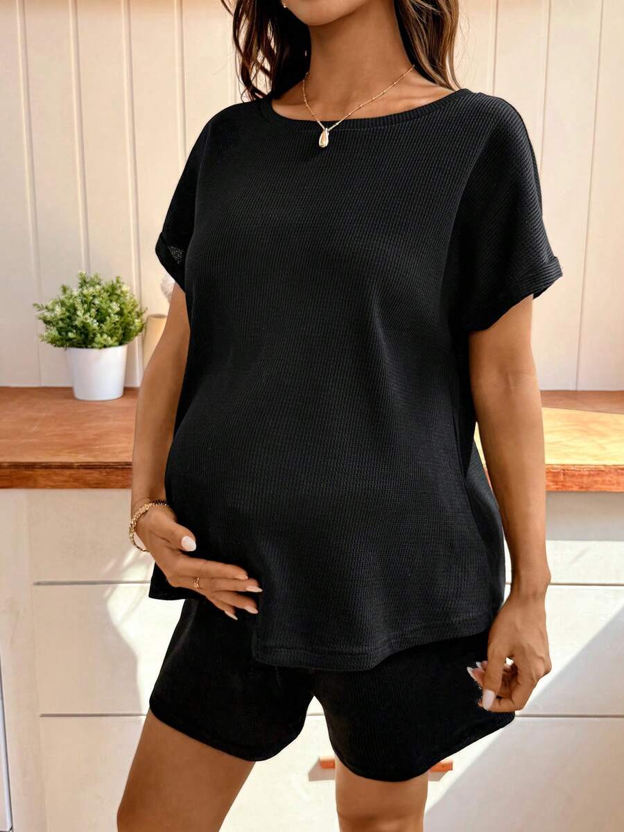 Black Maternity Batwing Sleeve Top and Adjustable Shorts 2-Piece Set - Casual Loose Fit Summer Lounge Set - Solid Color Boat Neck Commute Outfit