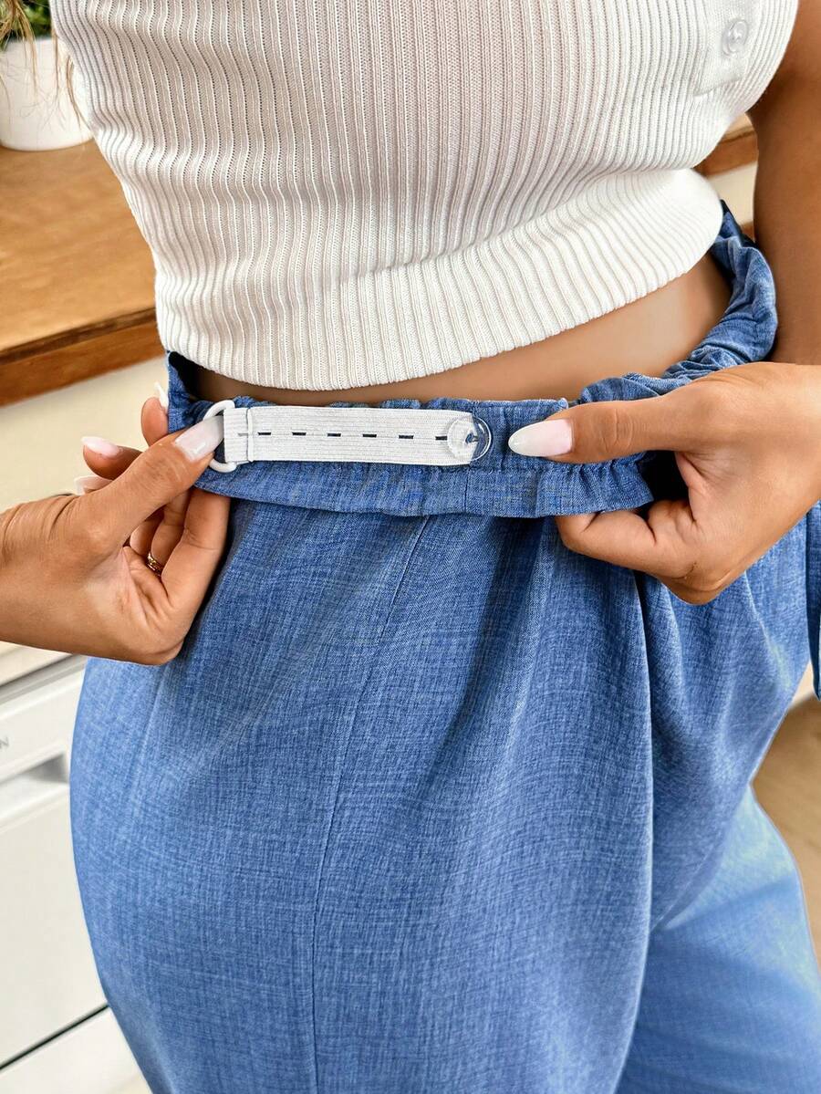 Maternity High-Waisted Blue Straight Leg Pants with Shirred Drawstring Waist and Pockets – Loose Fit Cropped Tailored Trousers