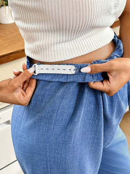 Maternity High-Waisted Blue Straight Leg Pants with Shirred Drawstring Waist and Pockets – Loose Fit Cropped Tailored Trousers