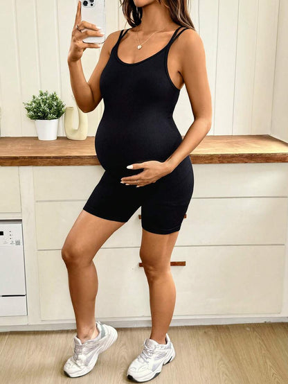 Black High-Stretch Maternity Camisole Short Jumpsuit – Skinny Fit Backless Spaghetti Strap Athletic Romper for Maternity Sports & Casual Wear