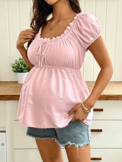 Pink Off-Shoulder Maternity Babydoll Top with Ruffle Petal Sleeves Slim Fit Peplum Blouse for Summer Office and Casual Wear