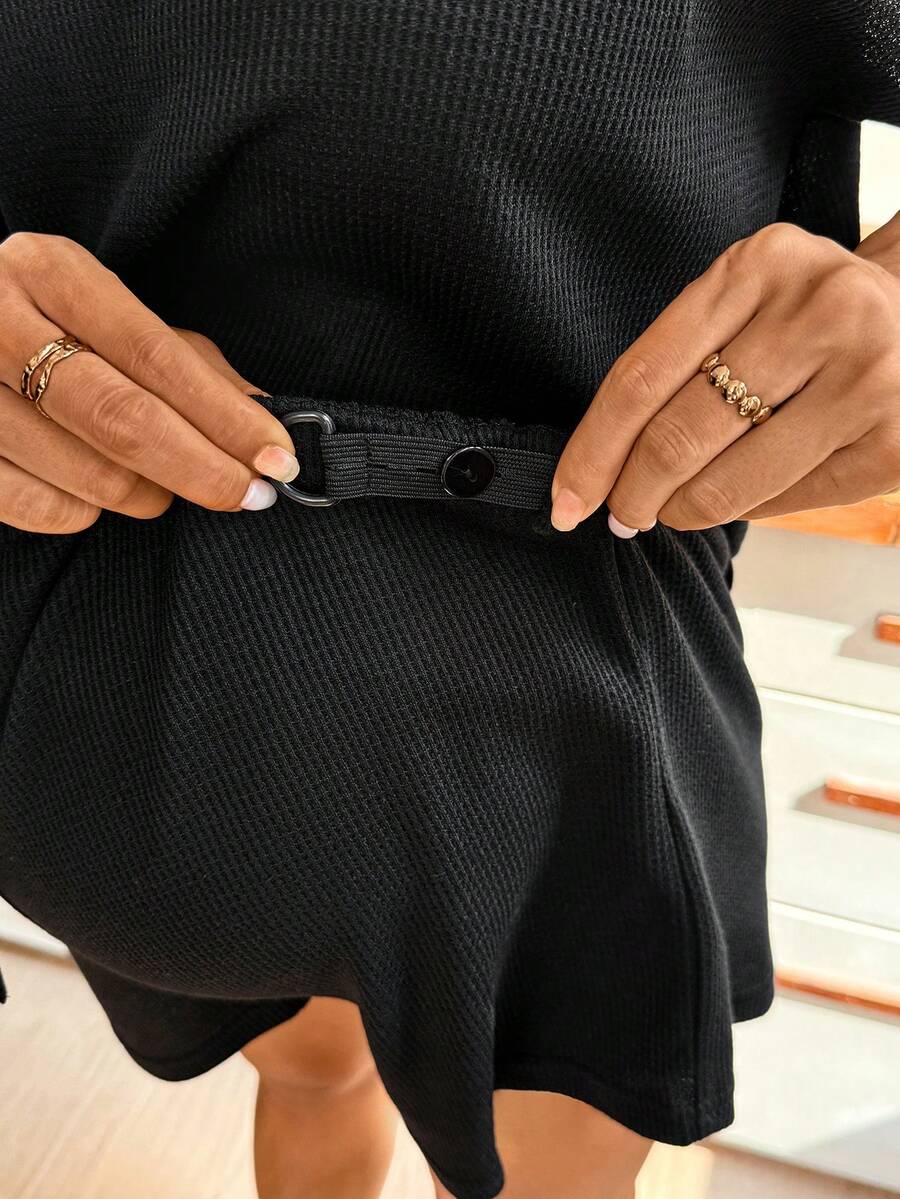 Black Maternity Batwing Sleeve Top and Adjustable Shorts 2-Piece Set - Casual Loose Fit Summer Lounge Set - Solid Color Boat Neck Commute Outfit