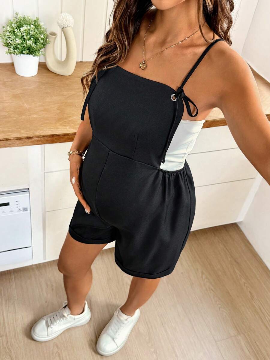 Black Maternity Spaghetti Strap Casual Romper High Waist Loose Fit Sleeveless Short Jumpsuit for Daily Commute and Summer Vacation