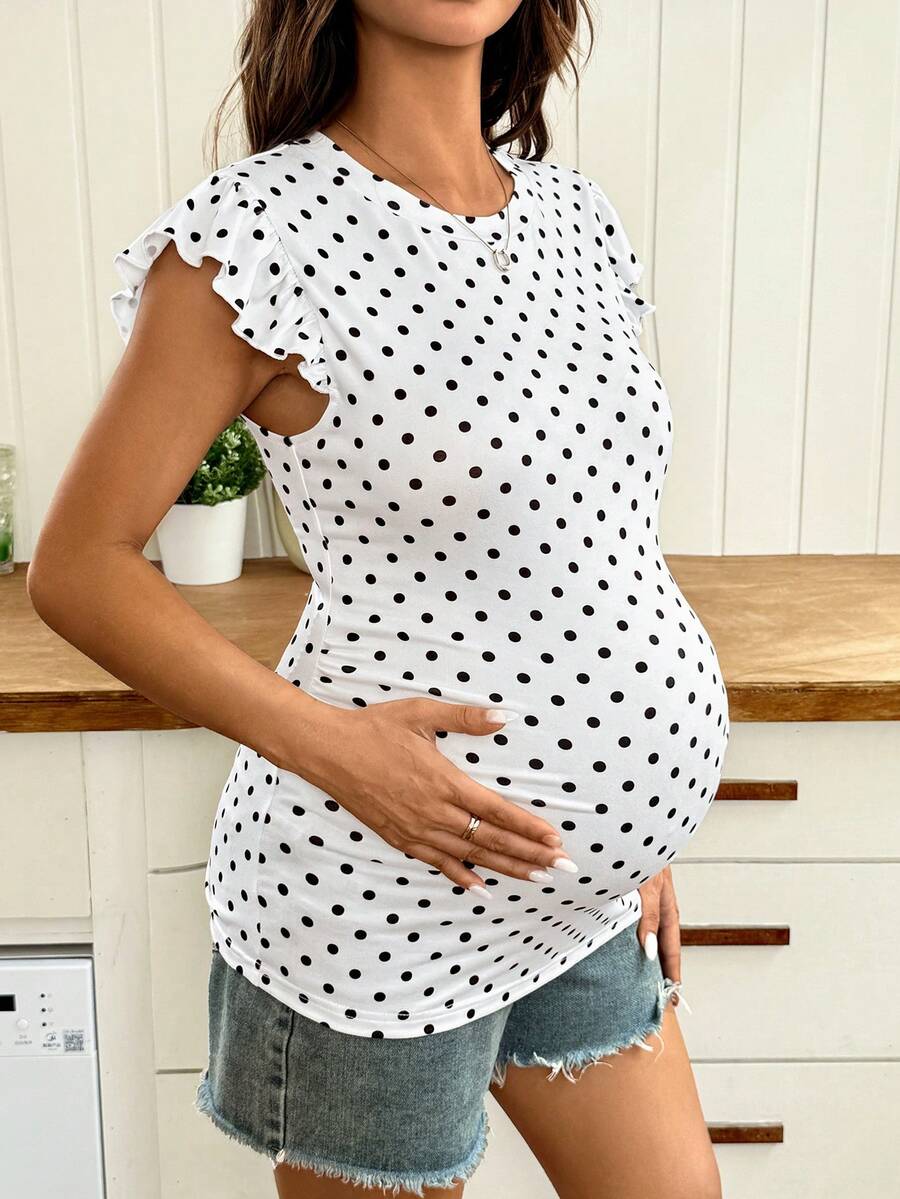 Maternity Polka Dot Print Round Neck Fitted T-Shirt White Casual Cap Sleeve Ruffle Trim Summer Vacation Maternity Top