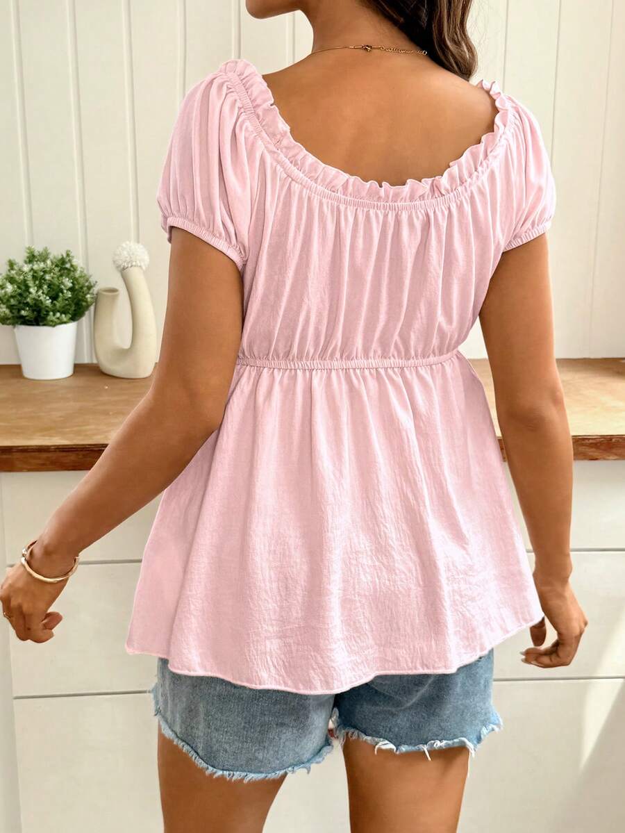 Pink Off-Shoulder Maternity Babydoll Top with Ruffle Petal Sleeves Slim Fit Peplum Blouse for Summer Office and Casual Wear