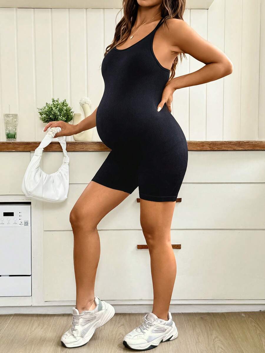 Black High-Stretch Maternity Camisole Short Jumpsuit – Skinny Fit Backless Spaghetti Strap Athletic Romper for Maternity Sports & Casual Wear