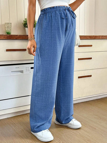 Maternity High-Waisted Blue Straight Leg Pants with Shirred Drawstring Waist and Pockets – Loose Fit Cropped Tailored Trousers