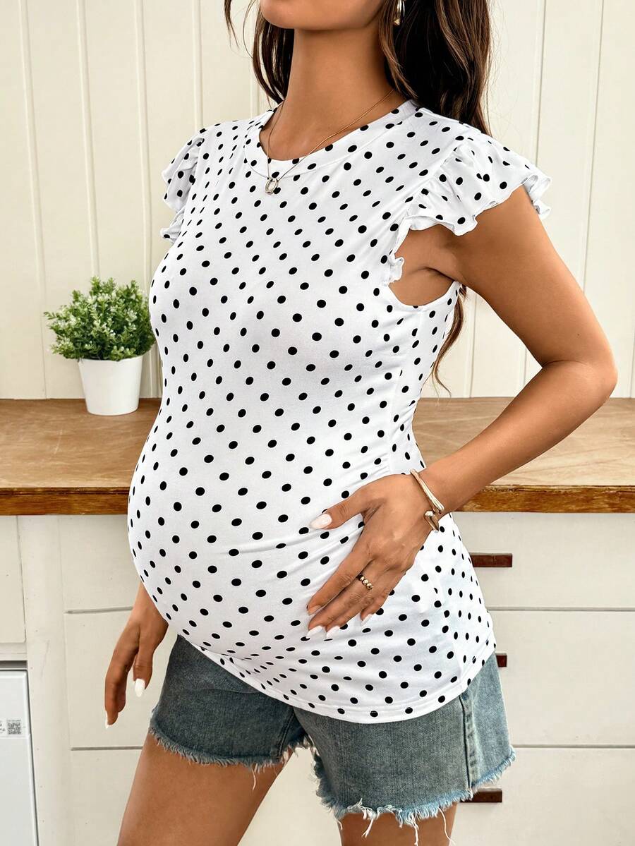 Maternity Polka Dot Print Round Neck Fitted T-Shirt White Casual Cap Sleeve Ruffle Trim Summer Vacation Maternity Top