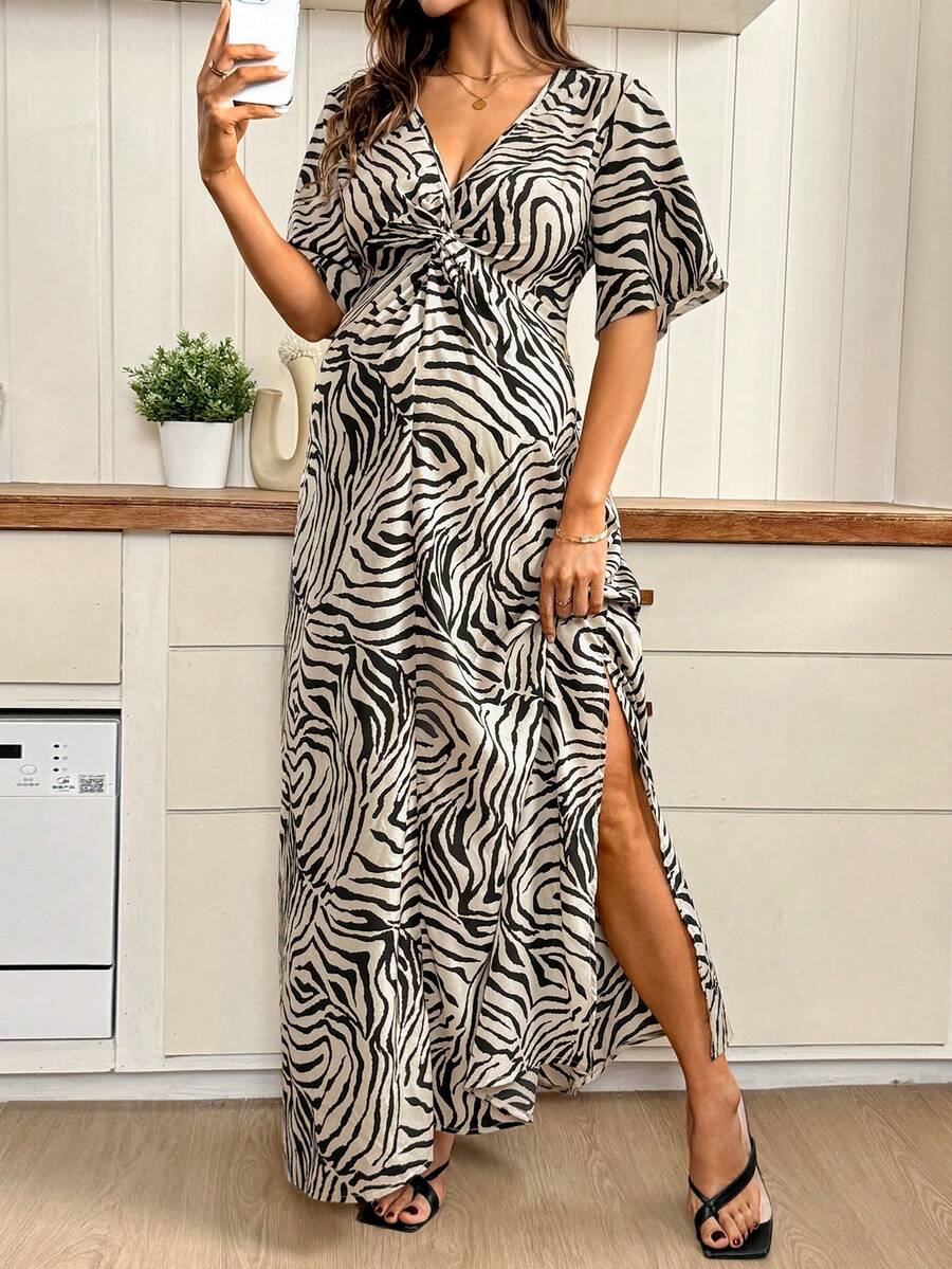 Khaki Zebra Print Maternity Maxi Dress - V-Neck Batwing Sleeve High Waist Side Slit Gown - Elegant Slim Fit Pregnant Women Vacation Dress