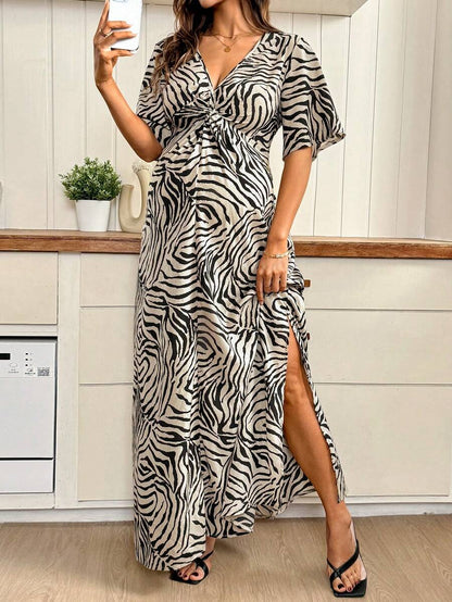 Khaki Zebra Print Maternity Maxi Dress - V-Neck Batwing Sleeve High Waist Side Slit Gown - Elegant Slim Fit Pregnant Women Vacation Dress