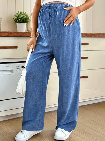 Maternity High-Waisted Blue Straight Leg Pants with Shirred Drawstring Waist and Pockets – Loose Fit Cropped Tailored Trousers