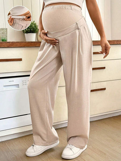 Maternity Khaki Straight Leg Casual Pants - Ultra High Waist Loose Fit Woven Trousers for Office and Everyday Comfort