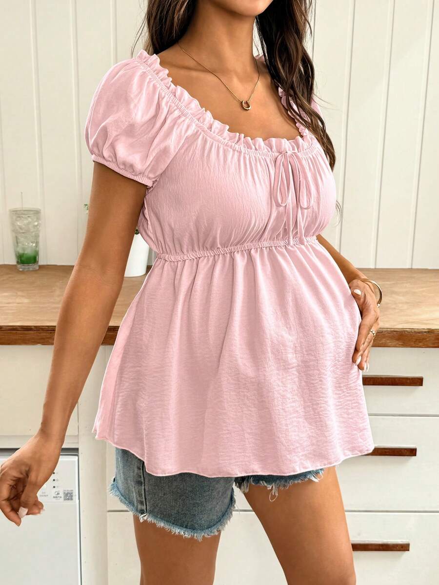 Pink Off-Shoulder Maternity Babydoll Top with Ruffle Petal Sleeves Slim Fit Peplum Blouse for Summer Office and Casual Wear