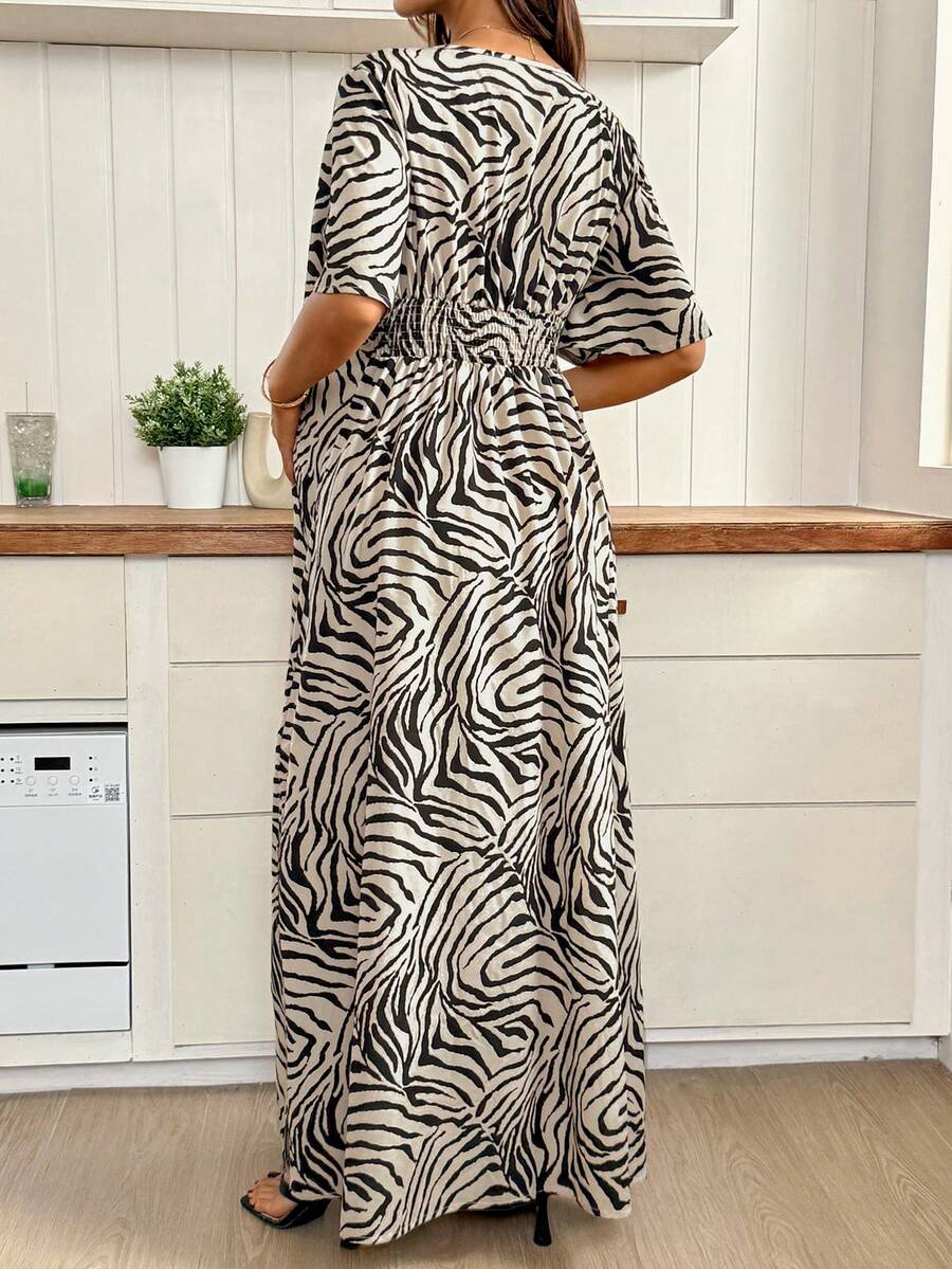 Khaki Zebra Print Maternity Maxi Dress - V-Neck Batwing Sleeve High Waist Side Slit Gown - Elegant Slim Fit Pregnant Women Vacation Dress