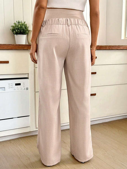Maternity Khaki Straight Leg Casual Pants - Ultra High Waist Loose Fit Woven Trousers for Office and Everyday Comfort