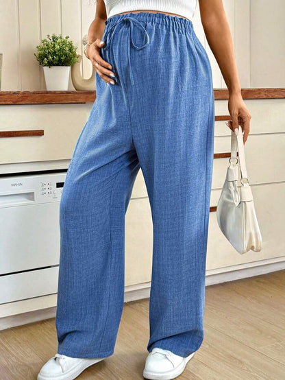 Maternity High-Waisted Blue Straight Leg Pants with Shirred Drawstring Waist and Pockets – Loose Fit Cropped Tailored Trousers