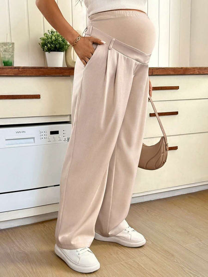 Maternity Khaki Straight Leg Casual Pants - Ultra High Waist Loose Fit Woven Trousers for Office and Everyday Comfort