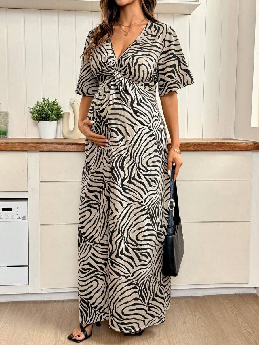 Khaki Zebra Print Maternity Maxi Dress - V-Neck Batwing Sleeve High Waist Side Slit Gown - Elegant Slim Fit Pregnant Women Vacation Dress