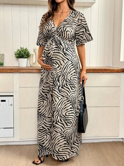 Khaki Zebra Print Maternity Maxi Dress - V-Neck Batwing Sleeve High Waist Side Slit Gown - Elegant Slim Fit Pregnant Women Vacation Dress