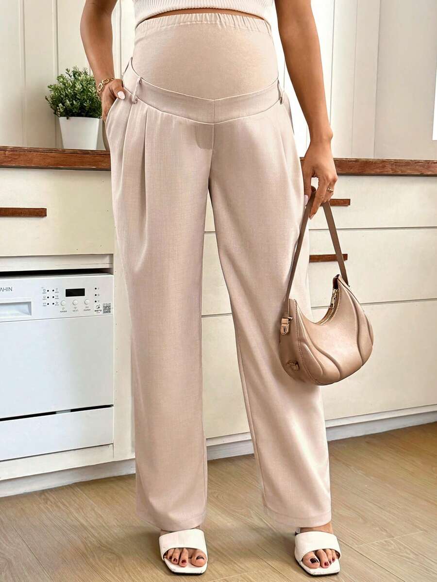 Maternity Khaki Straight Leg Casual Pants - Ultra High Waist Loose Fit Woven Trousers for Office and Everyday Comfort