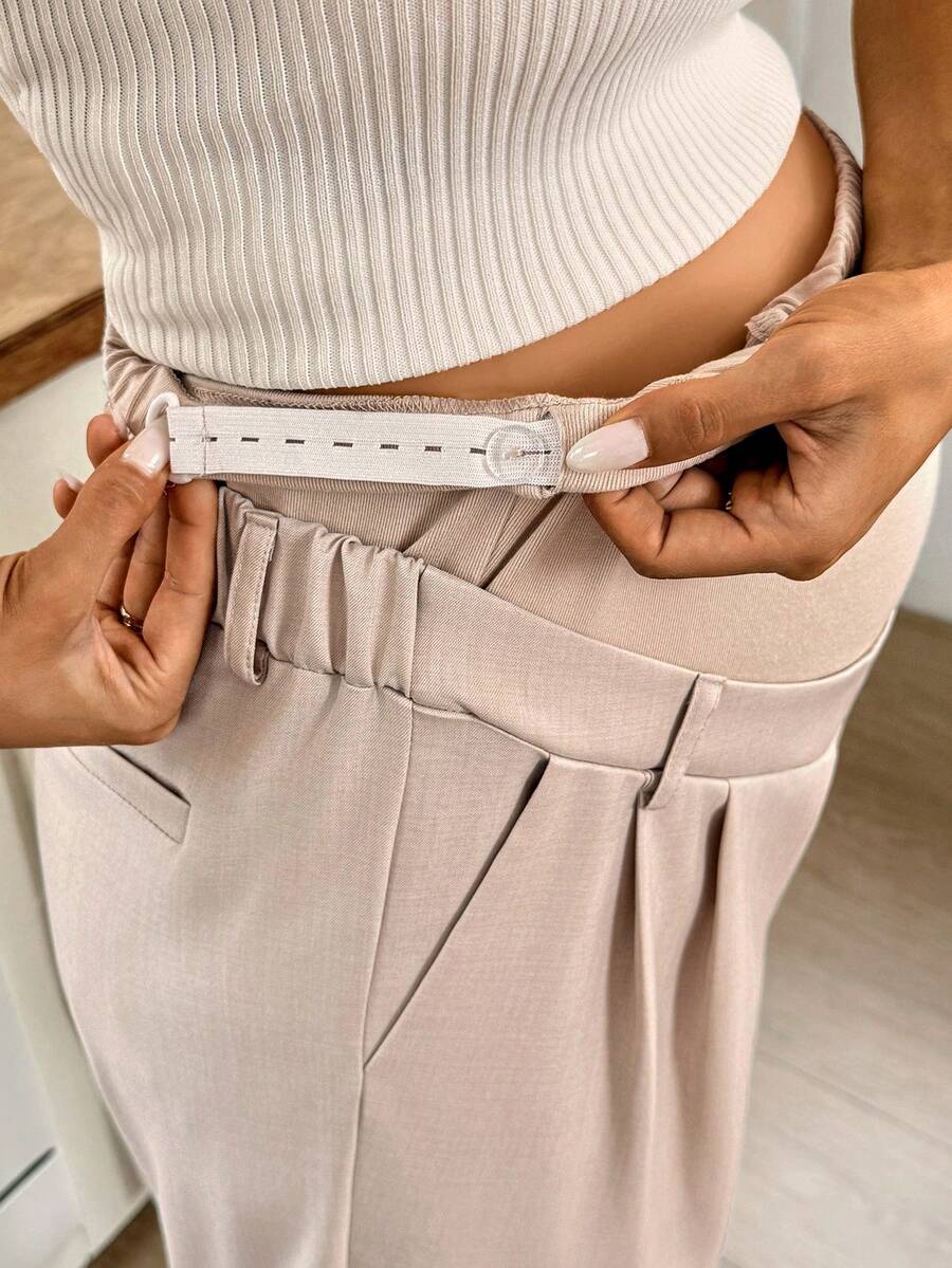 Maternity Khaki Straight Leg Casual Pants - Ultra High Waist Loose Fit Woven Trousers for Office and Everyday Comfort