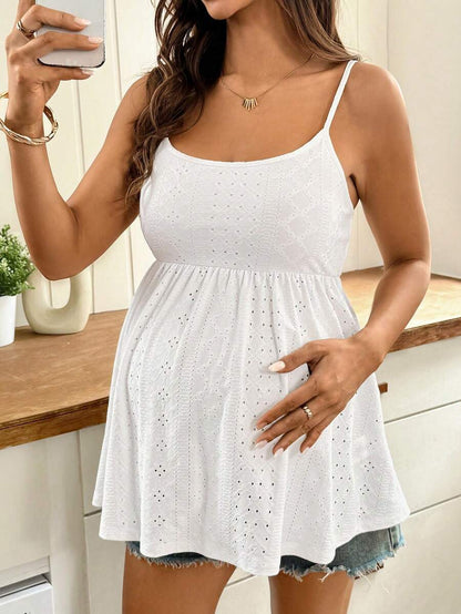 White Spaghetti Strap Maternity Cami Tank Top with Eyelet Embroidery and Hollow Out Texture Boho Slim Fit Summer Sleeveless Maternity Top