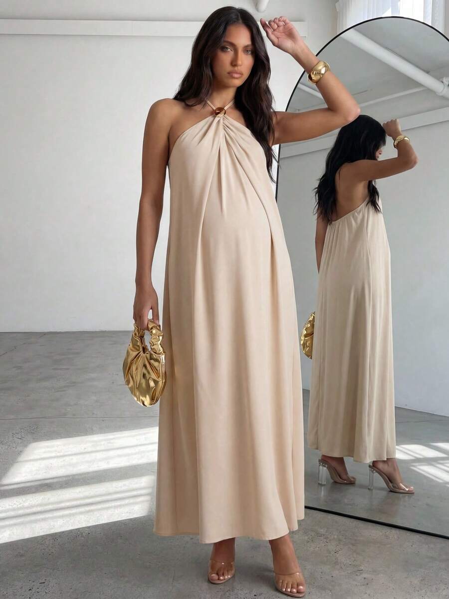 Maternity Clothes Dress Summer Pregnant Apricot-Colored With Halter Neck And Metal Buckle;Comfortable Elegant Backless