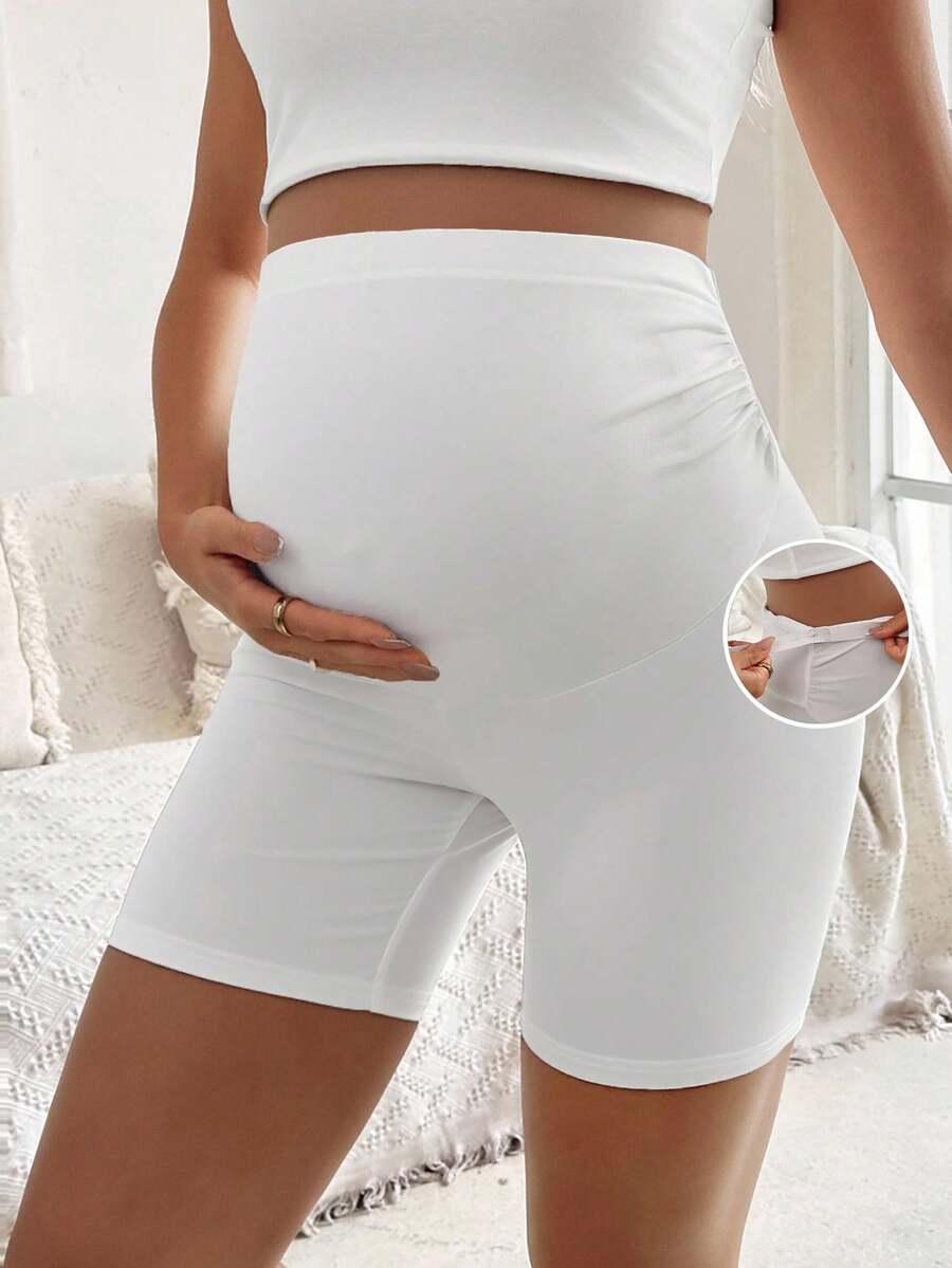 Maternity Solid Color Ruched Shorts - Tight Fitting Spring & Summer Fashion