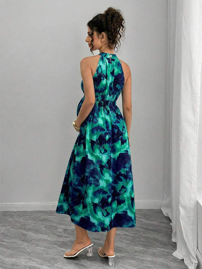 Teal Maternity Halter Waist Tie Dress Holiday Maternity Photoshoot Pregnant Summer Elegant