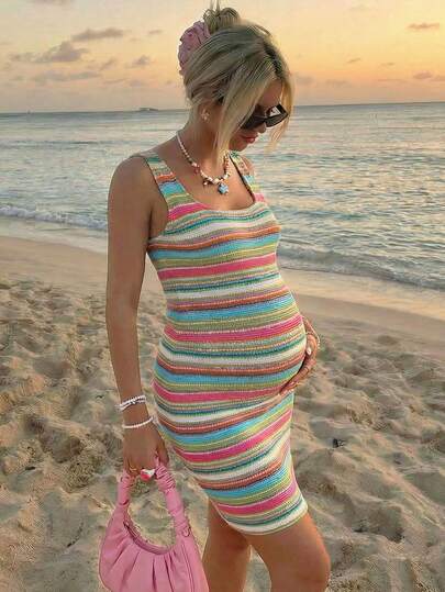 Maternity Casual Colorful Striped Sleeveless Fitted Dress For Summer Summer Outfits Bodycon Dress Women's Summer Dress Striped Dress Body Fitting Dress