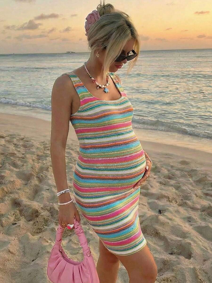Maternity Casual Colorful Striped Sleeveless Fitted Dress For Summer Summer Outfits Bodycon Dress Women's Summer Dress Striped Dress Body Fitting Dress