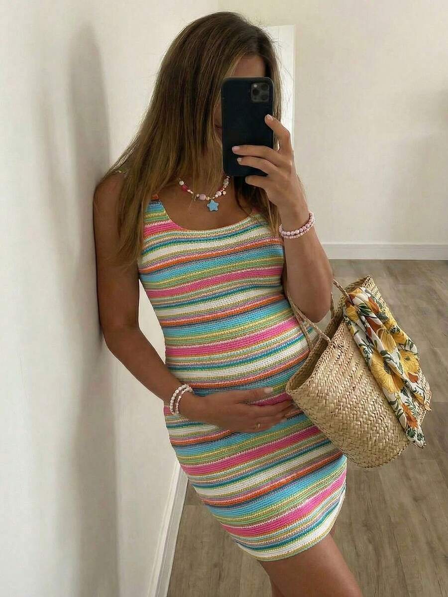Maternity Casual Colorful Striped Sleeveless Fitted Dress For Summer Summer Outfits Bodycon Dress Women's Summer Dress Striped Dress Body Fitting Dress