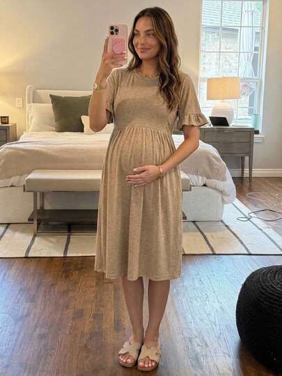 Maternity Khaki Round Neck Ruffle Sleeve A-Line Mini Dress - Slim Fit High Waist Casual Beach Sundress