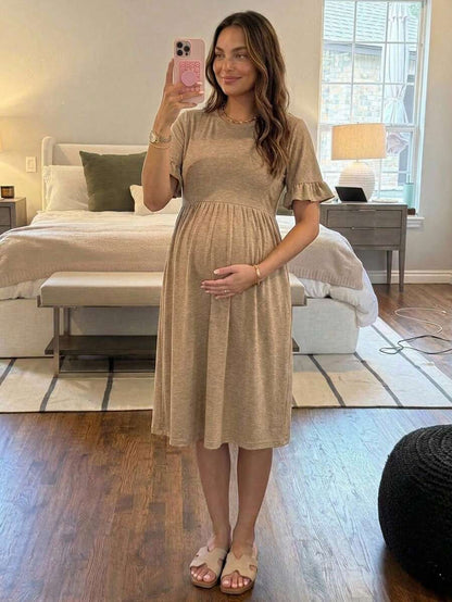 Maternity Khaki Round Neck Ruffle Sleeve A-Line Mini Dress - Slim Fit High Waist Casual Beach Sundress