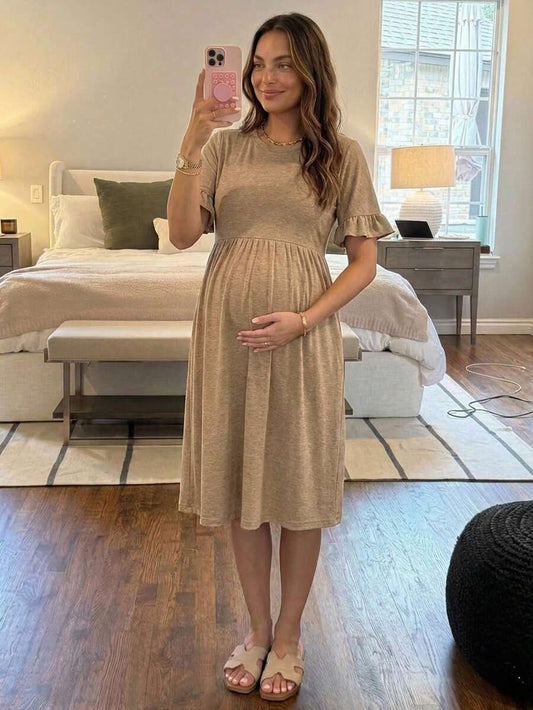 Maternity Khaki Round Neck Ruffle Sleeve A-Line Mini Dress - Slim Fit High Waist Casual Beach Sundress