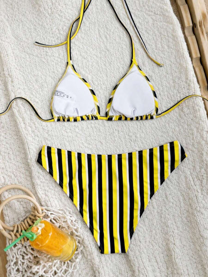 Swim Vcay Women's Summer New Contrast Color Striped Sexy Halter Triangle Cup Bikini Set