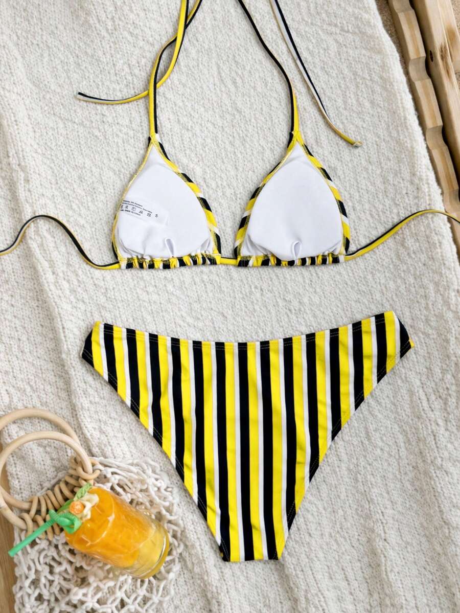 Women's Halter Neck Tie Bikini Set - Lace Up, High Waist, Solid Black