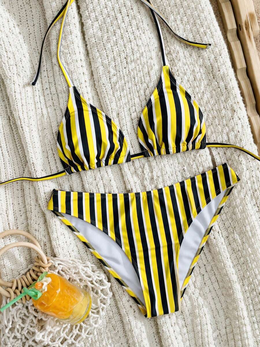 Swim Mod Women's Pink Polka Dot Print Halter Neck Low Waist Triangle Bikini Set, Summer Sexy Spring