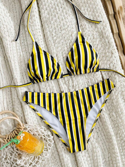 Swim Mod Women's Pink Polka Dot Print Halter Neck Low Waist Triangle Bikini Set, Summer Sexy Spring