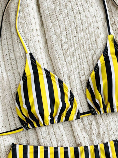 Swim Vcay Women's Summer New Contrast Color Striped Sexy Halter Triangle Cup Bikini Set