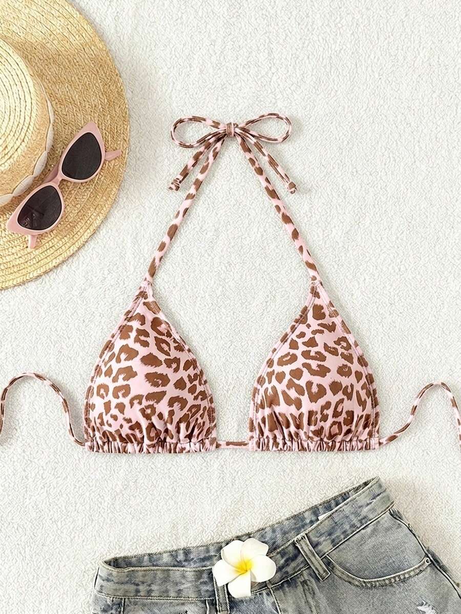 Swim Vcay 1pc Women's Leopard Print Halter Bikini Top For Summer Beach Vacation