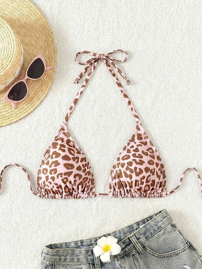 Swim Vcay 1pc Women's Leopard Print Halter Bikini Top For Summer Beach Vacation