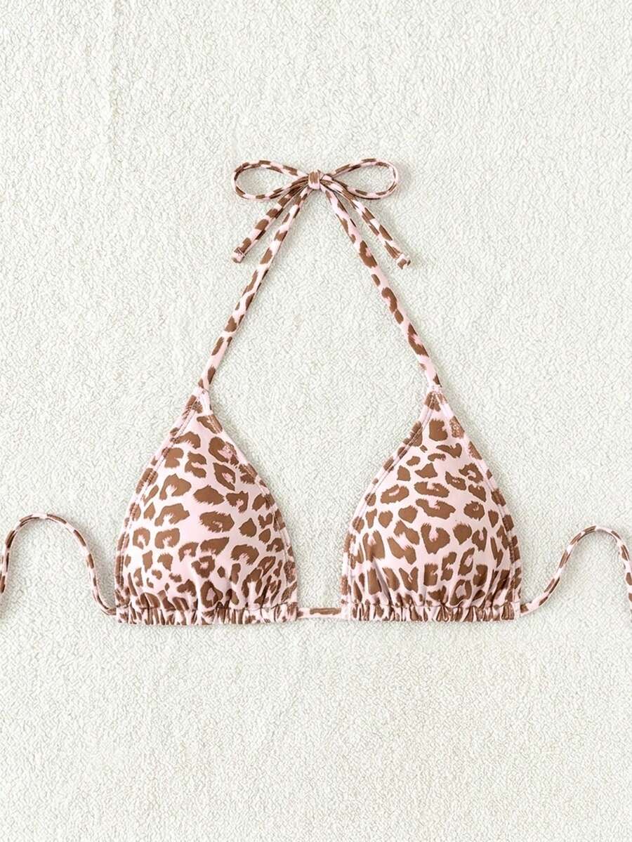 Swim Vcay 1pc Women's Leopard Print Halter Bikini Top For Summer Beach Vacation
