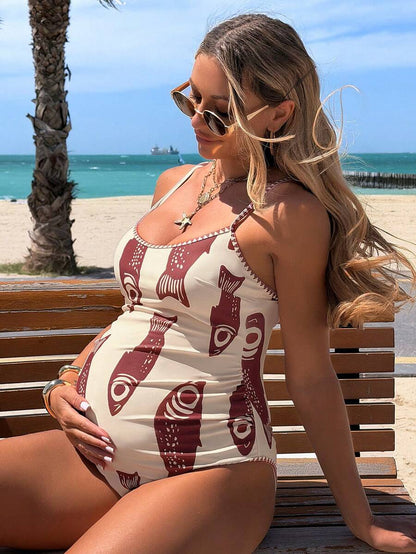 Boho Summer Beach Vacation One Piece Maternity Swimsuit with Backless Spaghetti Strap Design and Cute Cartoon Print High Stretch Knit