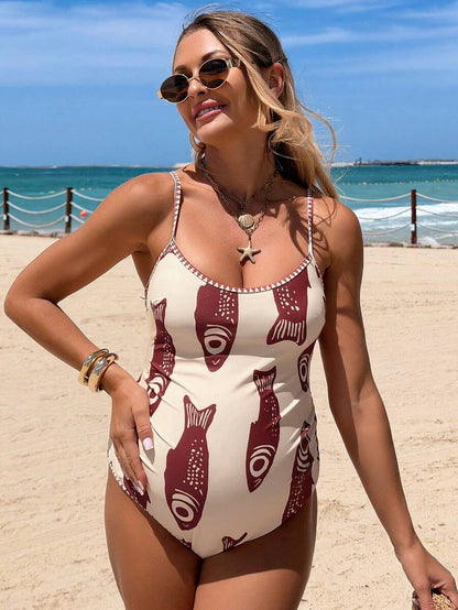 Boho Summer Beach Vacation One Piece Maternity Swimsuit with Backless Spaghetti Strap Design and Cute Cartoon Print High Stretch Knit