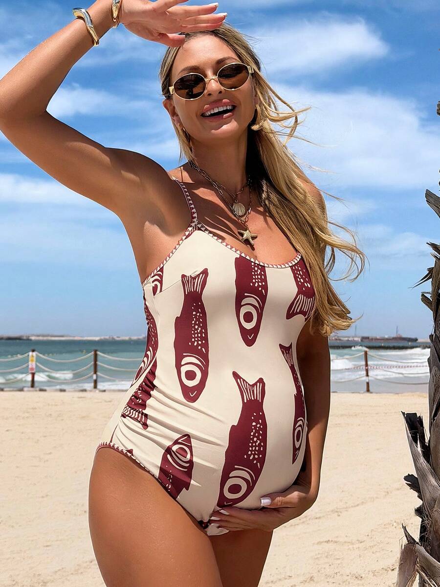 Boho Summer Beach Vacation One Piece Maternity Swimsuit with Backless Spaghetti Strap Design and Cute Cartoon Print High Stretch Knit