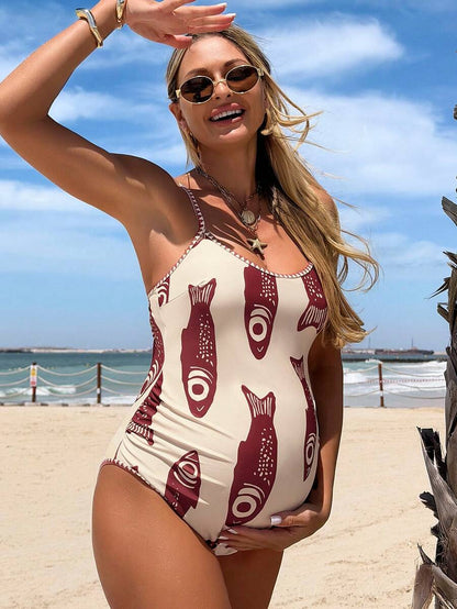 Boho Summer Beach Vacation One Piece Maternity Swimsuit with Backless Spaghetti Strap Design and Cute Cartoon Print High Stretch Knit