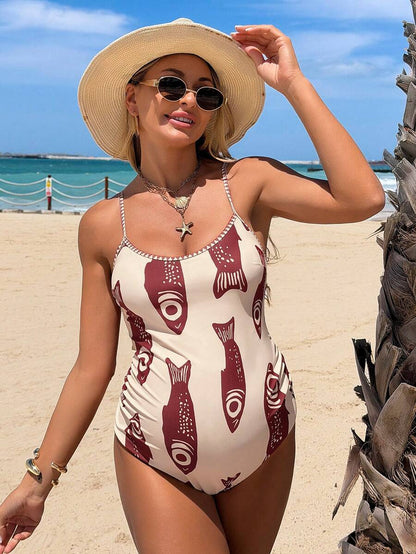 Boho Summer Beach Vacation One Piece Maternity Swimsuit with Backless Spaghetti Strap Design and Cute Cartoon Print High Stretch Knit