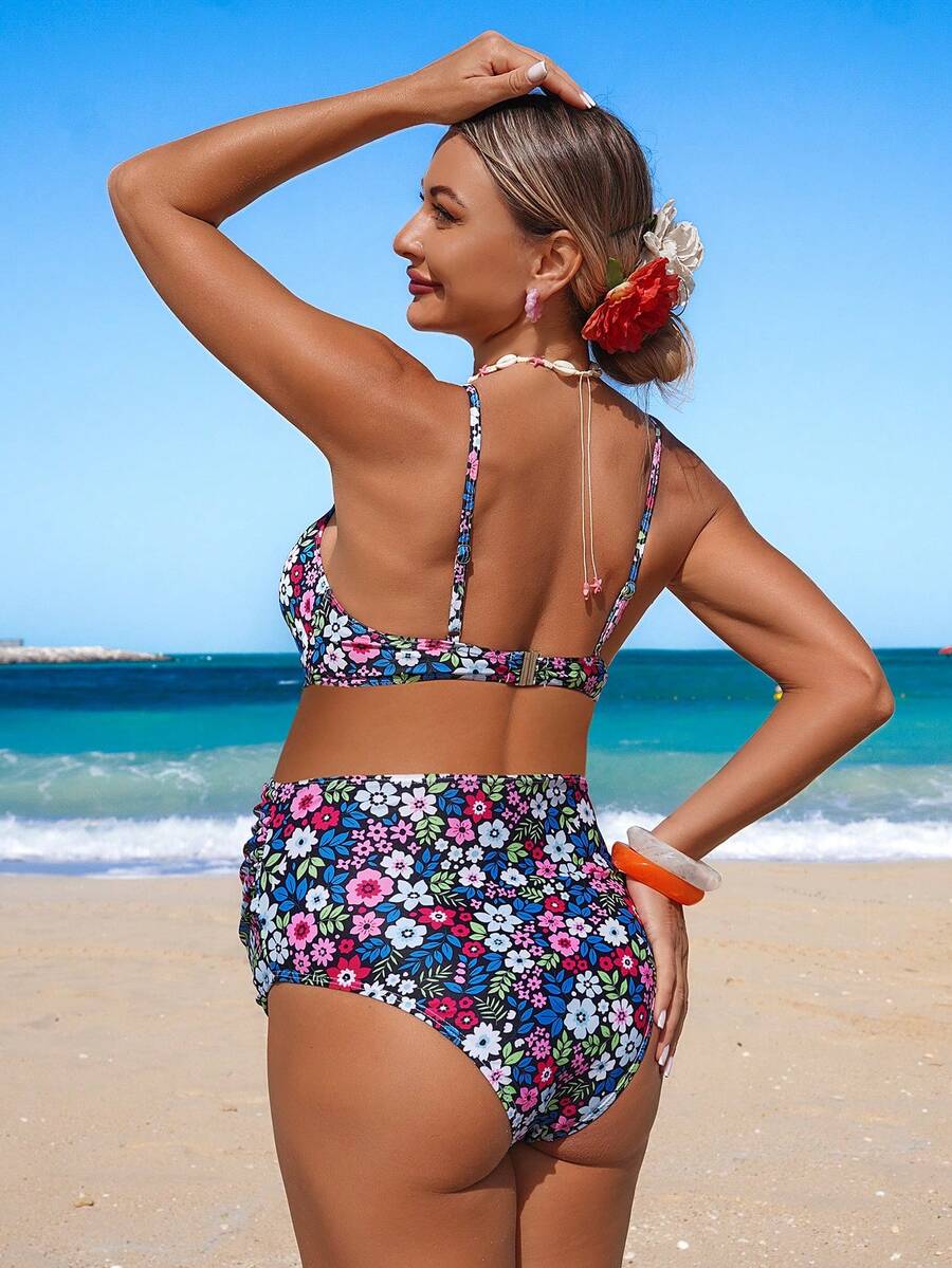 Multicolor Floral Spaghetti Strap Bikini Set with Pleated Shorts - Elegant Backless 2026SS Swimwear - High Stretch Beach Vacation Two Piece for Women